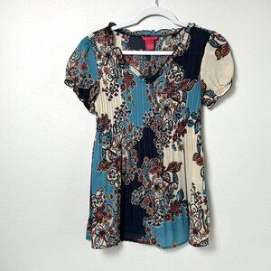 Sunny Leigh Blouse Womens Size S Blue Tan Floral Short Sleeve V Neck Ruffle